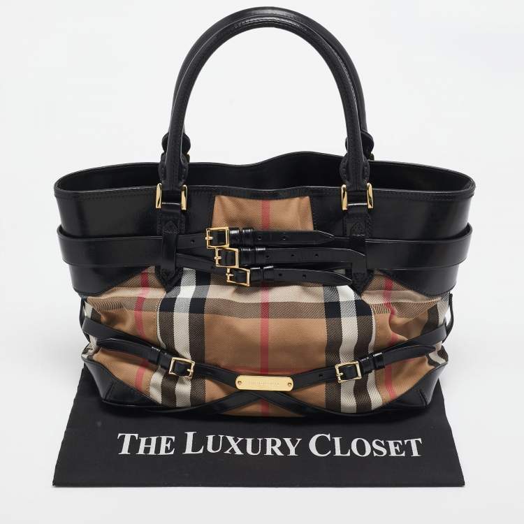 Pre Owned Burberry Black House Check Canvas and Leather Medium Bridle Lynher Tote