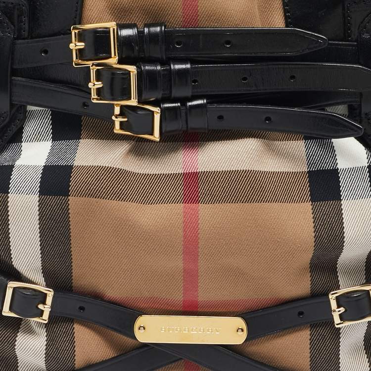 Pre Owned Burberry Black House Check Canvas and Leather Medium Bridle Lynher Tote
