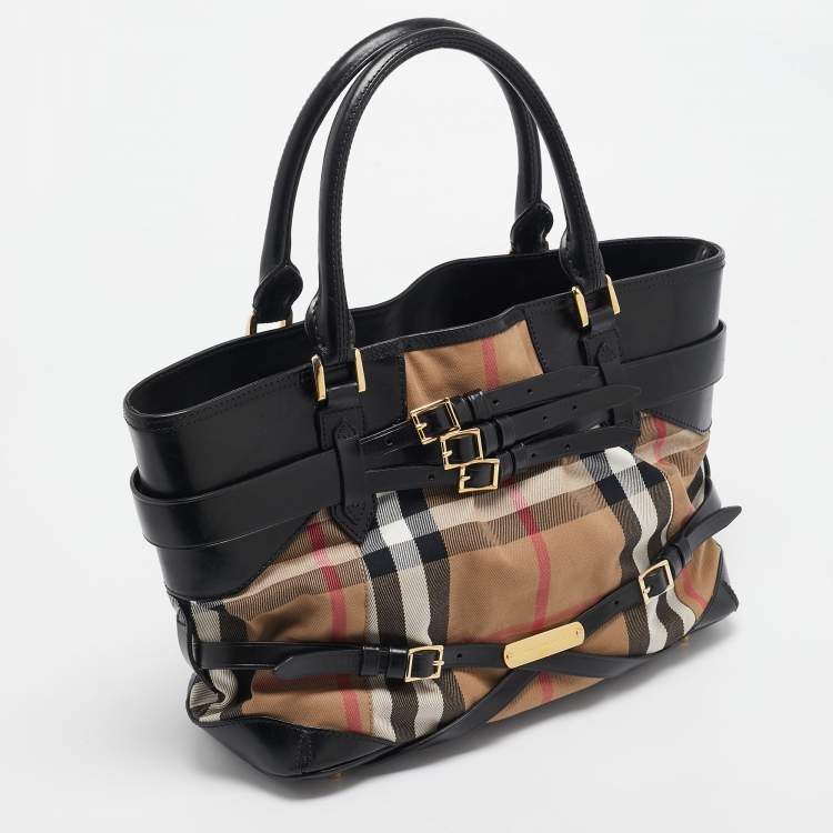 Pre Owned Burberry Black House Check Canvas and Leather Medium Bridle Lynher Tote