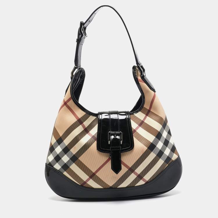 Pre Owned Burberry Black/Beige Nova Check PVC and Patent Leather Brooke Hobo