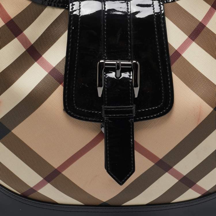 Pre Owned Burberry Black/Beige Nova Check PVC and Patent Leather Brooke Hobo