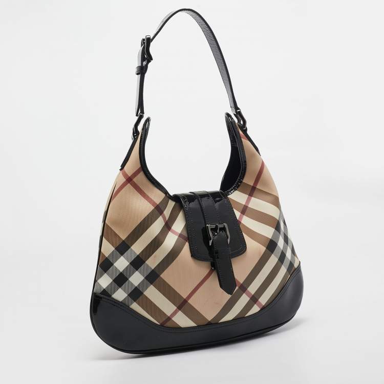 Pre Owned Burberry Black/Beige Nova Check PVC and Patent Leather Brooke Hobo