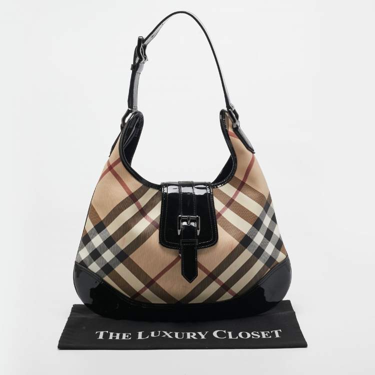 Pre Owned Burberry Black/Beige Nova Check PVC and Patent Leather Brooke Hobo