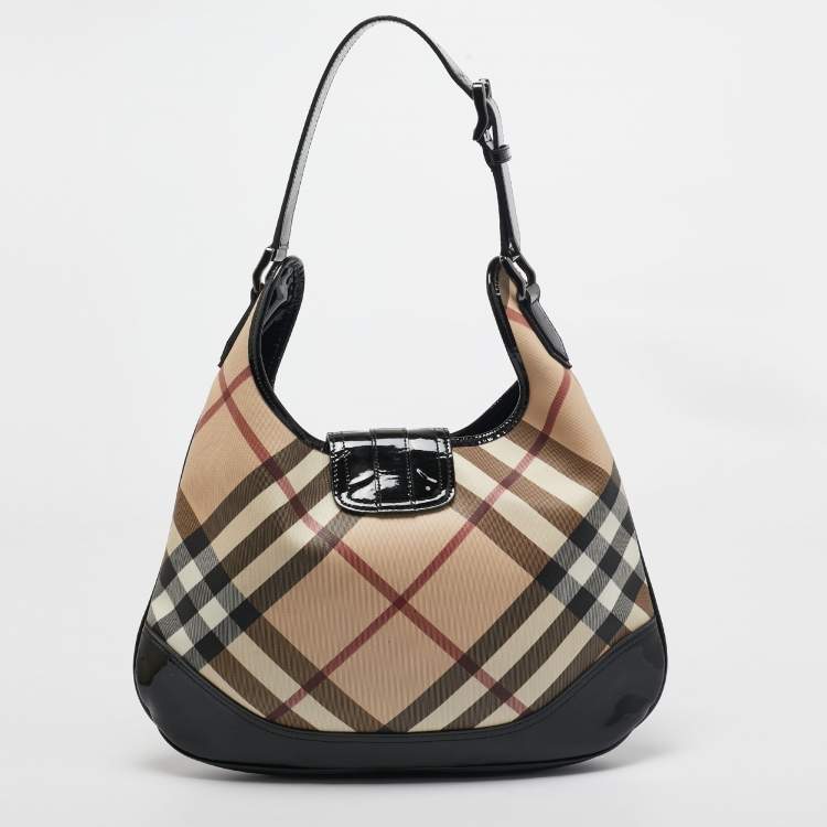 Pre Owned Burberry Black/Beige Nova Check PVC and Patent Leather Brooke Hobo