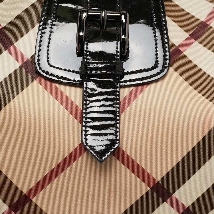 Pre Owned Burberry Black/Beige Nova Check PVC and Patent Leather Brooke Hobo