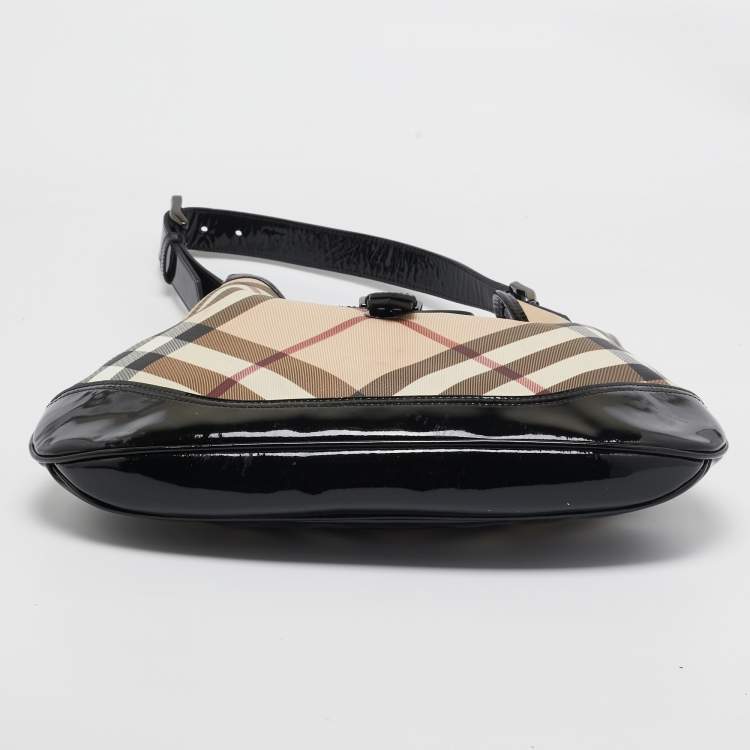 Pre Owned Burberry Black/Beige Nova Check PVC and Patent Leather Brooke Hobo
