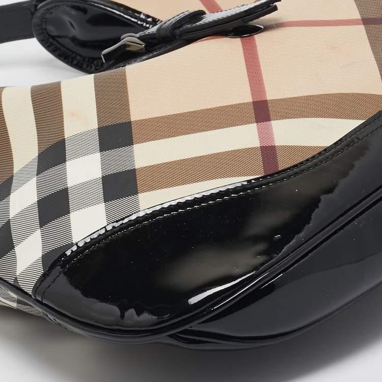 Pre Owned Burberry Black/Beige Nova Check PVC and Patent Leather Brooke Hobo