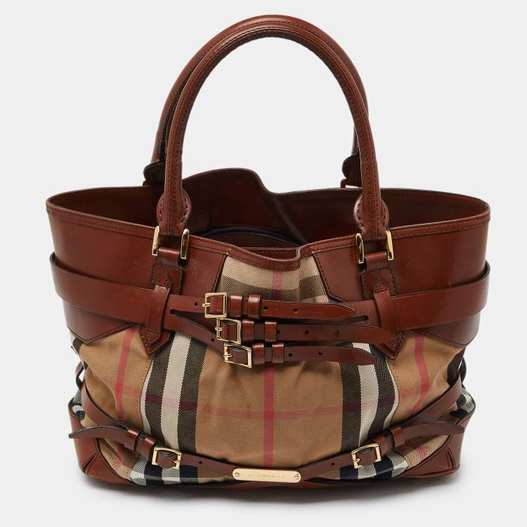Pre Owned Burberry Beige/Brown House Check Canvas and Leather Medium Bridle Lynher Tote