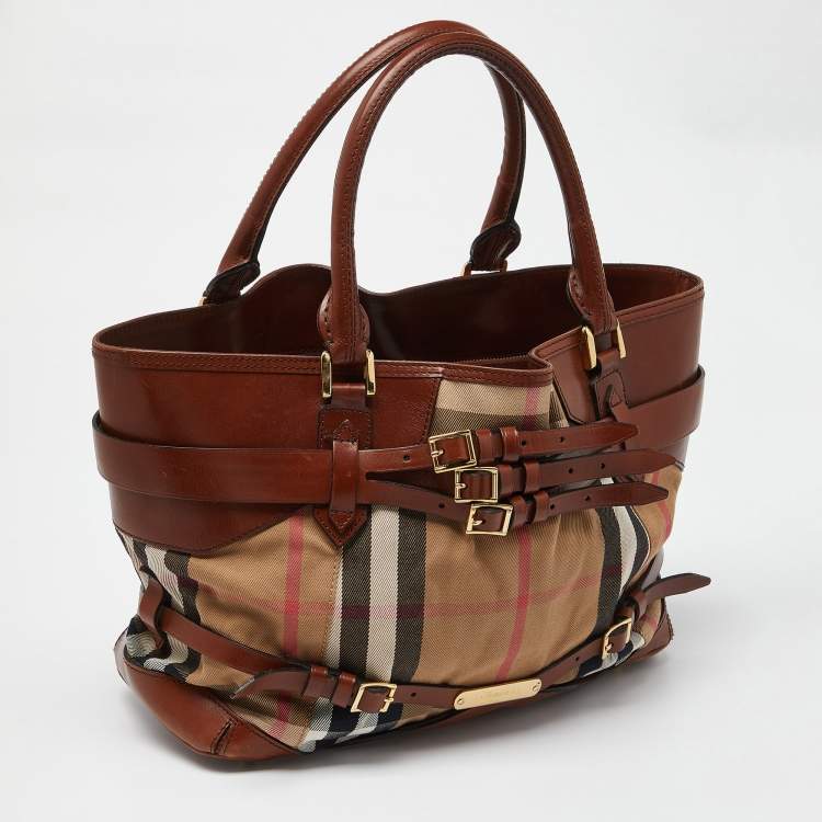 Pre Owned Burberry Beige/Brown House Check Canvas and Leather Medium Bridle Lynher Tote