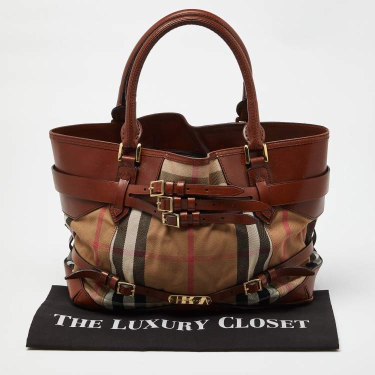 Pre Owned Burberry Beige/Brown House Check Canvas and Leather Medium Bridle Lynher Tote