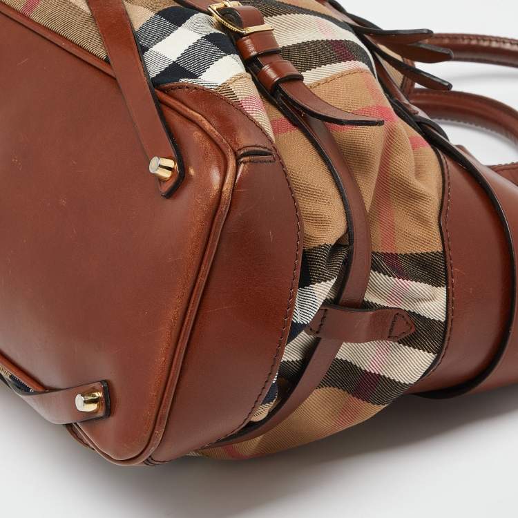 Pre Owned Burberry Beige/Brown House Check Canvas and Leather Medium Bridle Lynher Tote