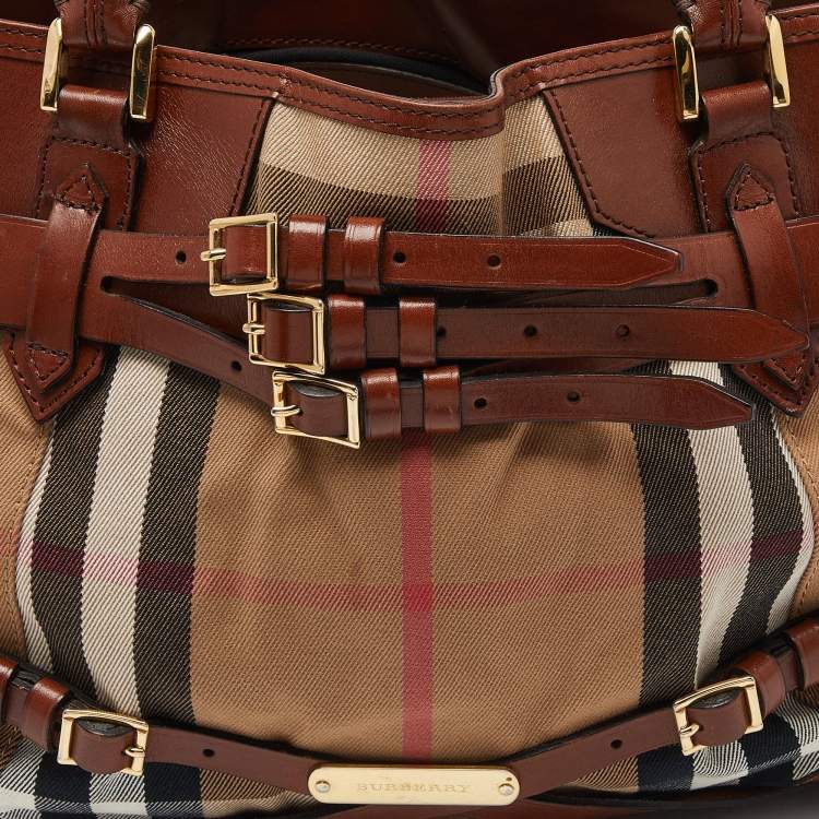 Pre Owned Burberry Beige/Brown House Check Canvas and Leather Medium Bridle Lynher Tote