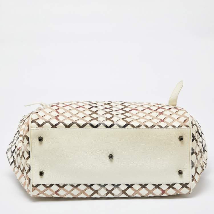 Pre Owned Burberry Beige House Check Canvas and Patent Leather Tote