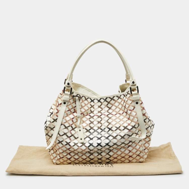 Pre Owned Burberry Beige House Check Canvas and Patent Leather Tote