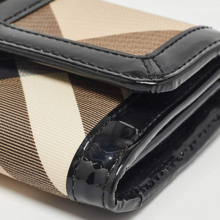 Pre Owned Burberry Black Beige Patent Leather and Coated Canvas Penrose Flap Wallet