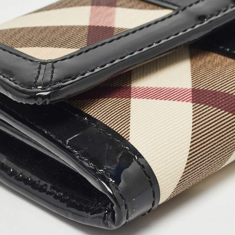 Pre Owned Burberry Black Beige Patent Leather and Coated Canvas Penrose Flap Wallet