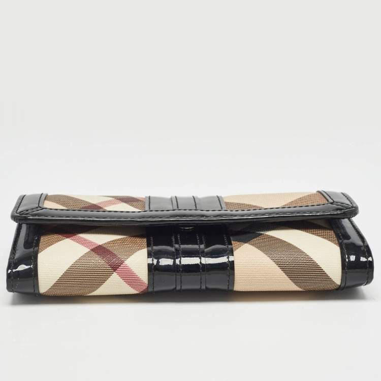 Pre Owned Burberry Black Beige Patent Leather and Coated Canvas Penrose Flap Wallet