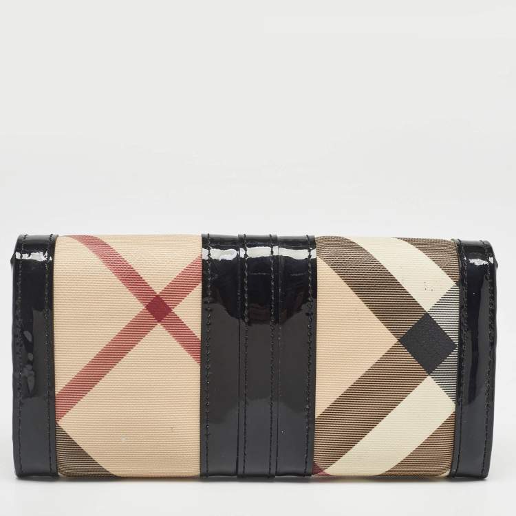 Pre Owned Burberry Black Beige Patent Leather and Coated Canvas Penrose Flap Wallet