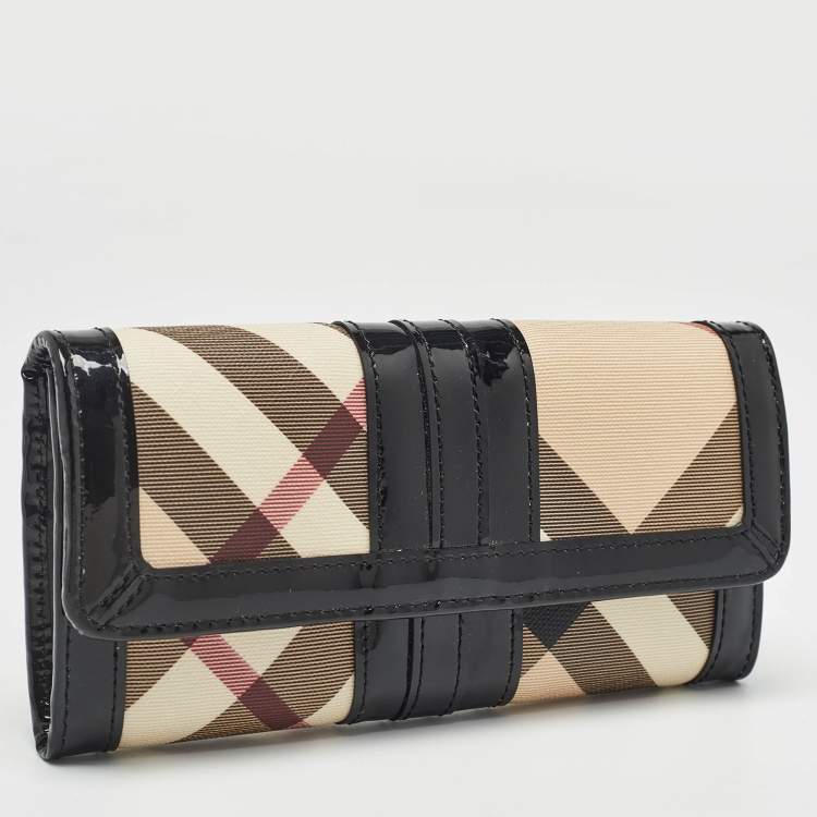 Pre Owned Burberry Black Beige Patent Leather and Coated Canvas Penrose Flap Wallet