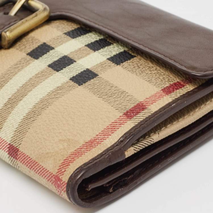 Pre Owned Burberry Brown/Beige Haymarket PVC and Leather Buckle Flap Continental Wallet