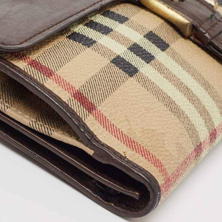 Pre Owned Burberry Brown/Beige Haymarket PVC and Leather Buckle Flap Continental Wallet