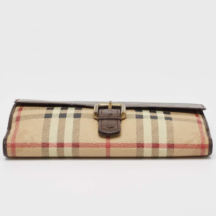 Pre Owned Burberry Brown/Beige Haymarket PVC and Leather Buckle Flap Continental Wallet
