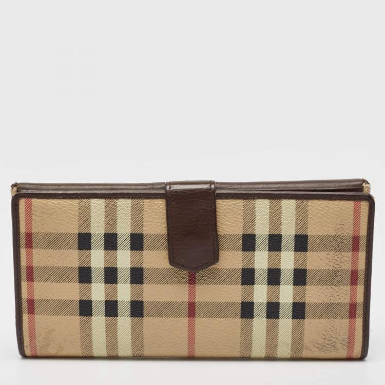 Pre Owned Burberry Brown/Beige Haymarket PVC and Leather Buckle Flap Continental Wallet