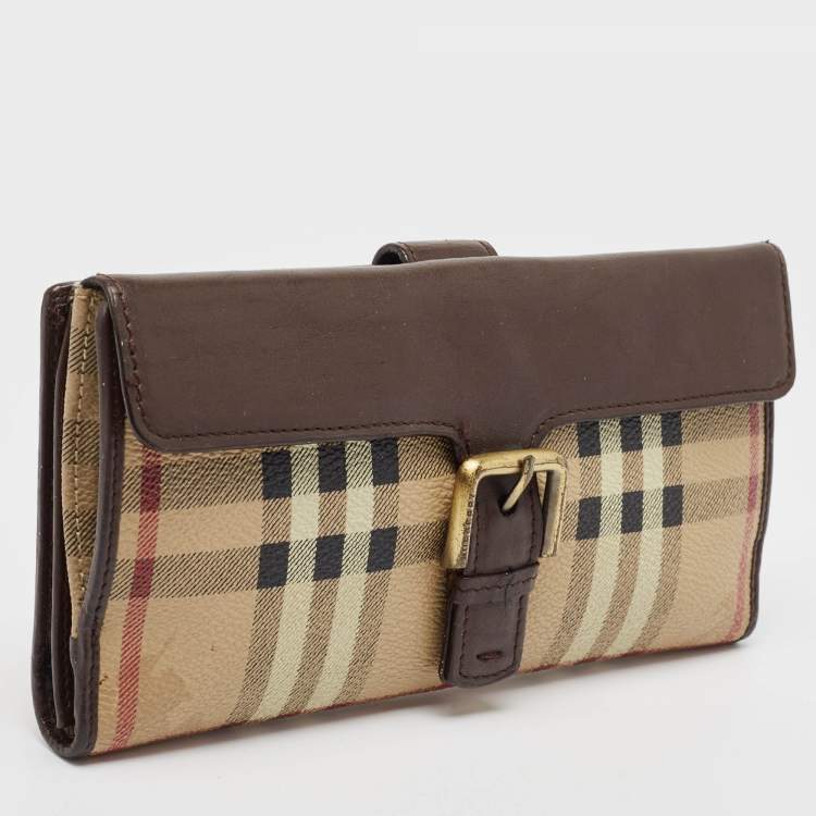 Pre Owned Burberry Brown/Beige Haymarket PVC and Leather Buckle Flap Continental Wallet