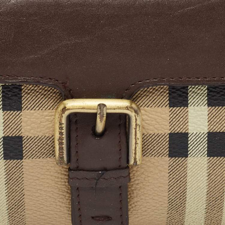 Pre Owned Burberry Brown/Beige Haymarket PVC and Leather Buckle Flap Continental Wallet