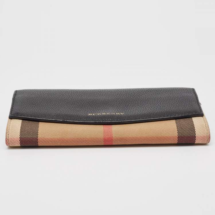 Pre Owned Burberry Black/Beige House Check Canvas and Leather Flap Continental Wallet