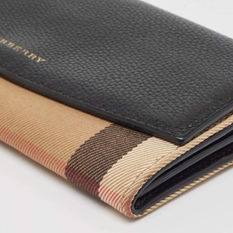 Pre Owned Burberry Black/Beige House Check Canvas and Leather Flap Continental Wallet