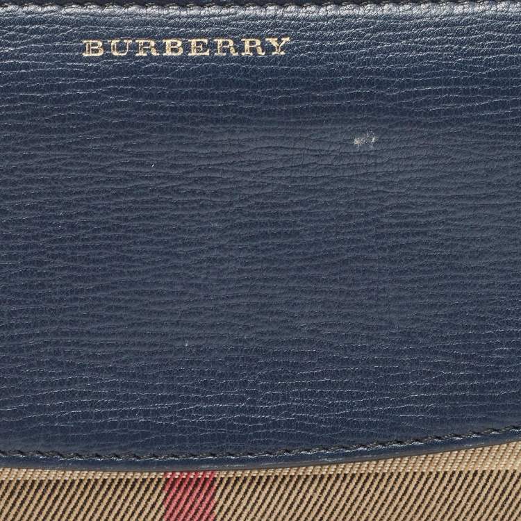 Pre Owned Burberry Navy Blue/Beige House Check Canvas and Leather Zip Continental Wallet