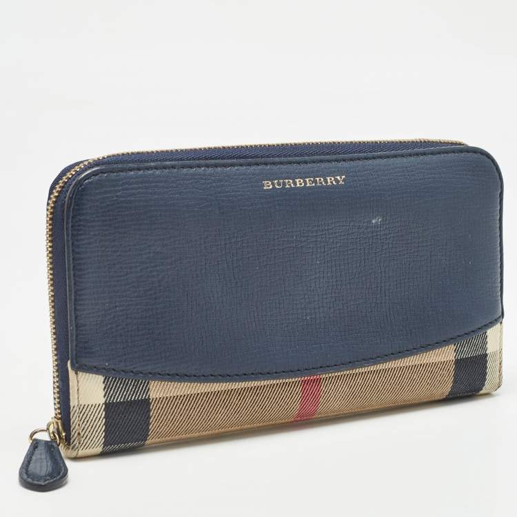 Pre Owned Burberry Navy Blue/Beige House Check Canvas and Leather Zip Continental Wallet