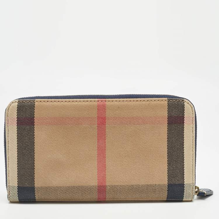 Pre Owned Burberry Navy Blue/Beige House Check Canvas and Leather Zip Continental Wallet
