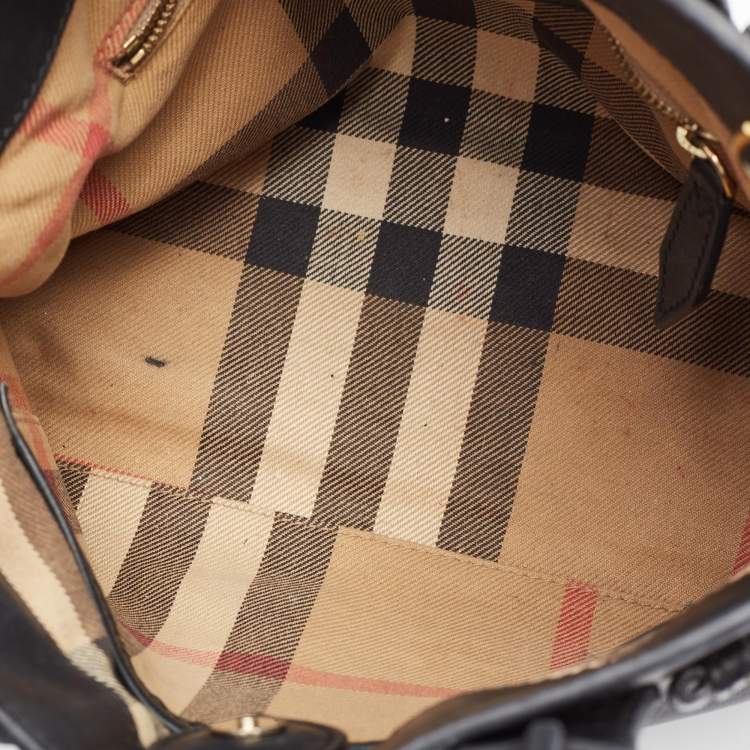 Pre Owned Burberry Black/Beige Leather and House Check Fabric Small Banner Tote