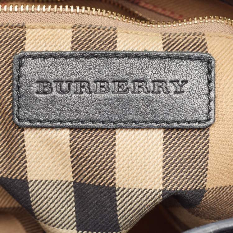 Pre Owned Burberry Black/Beige Leather and House Check Fabric Small Banner Tote