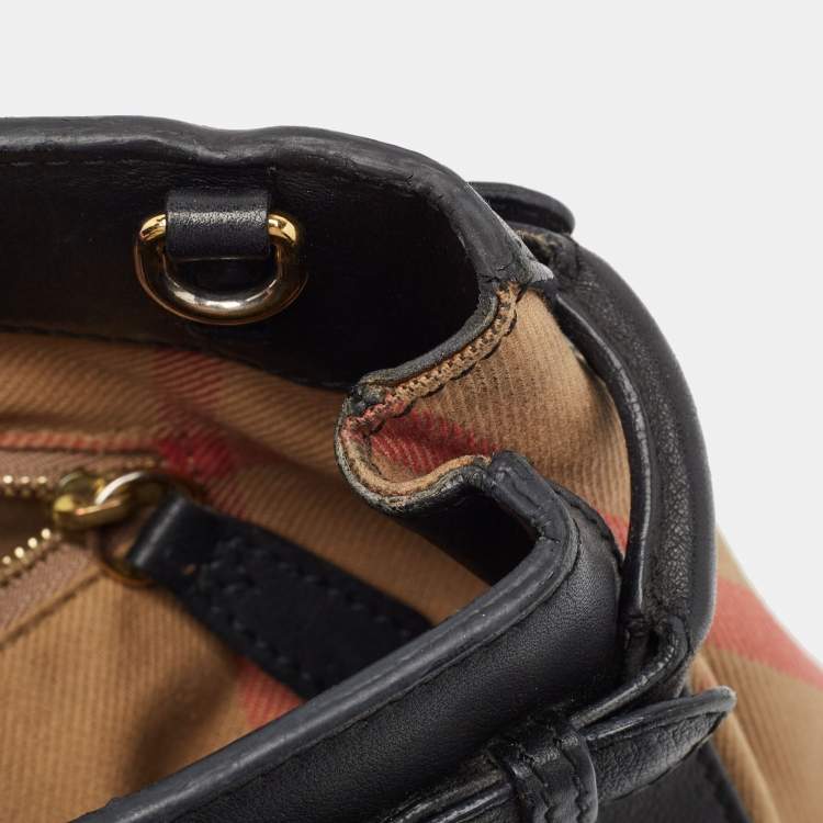 Pre Owned Burberry Black/Beige Leather and House Check Fabric Small Banner Tote