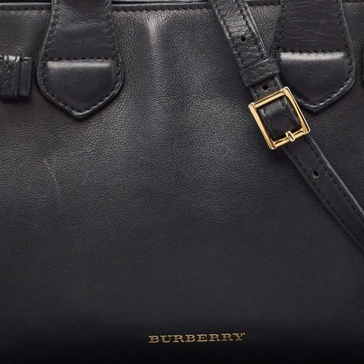 Pre Owned Burberry Black/Beige Leather and House Check Fabric Small Banner Tote