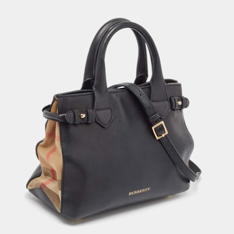Pre Owned Burberry Black/Beige Leather and House Check Fabric Small Banner Tote