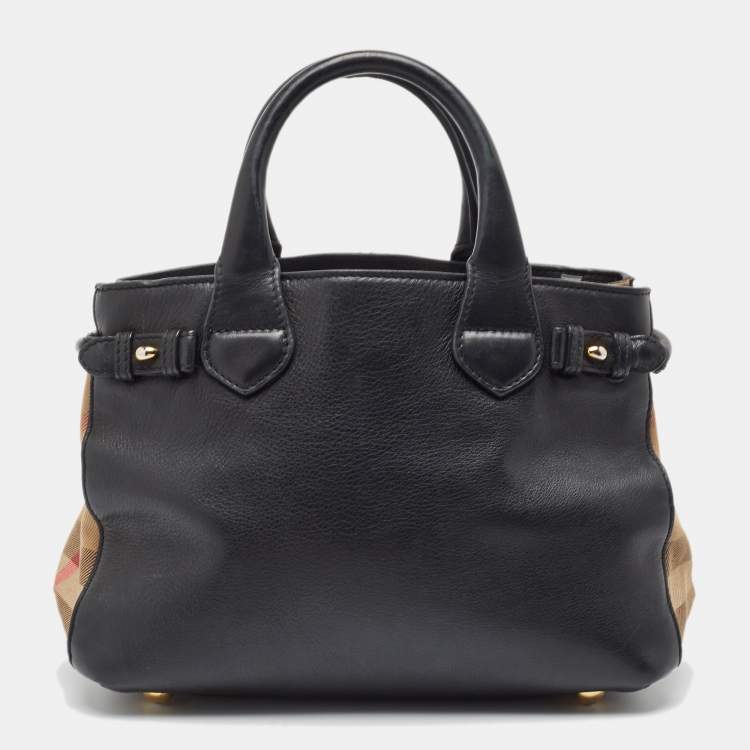 Pre Owned Burberry Black/Beige Leather and House Check Fabric Small Banner Tote