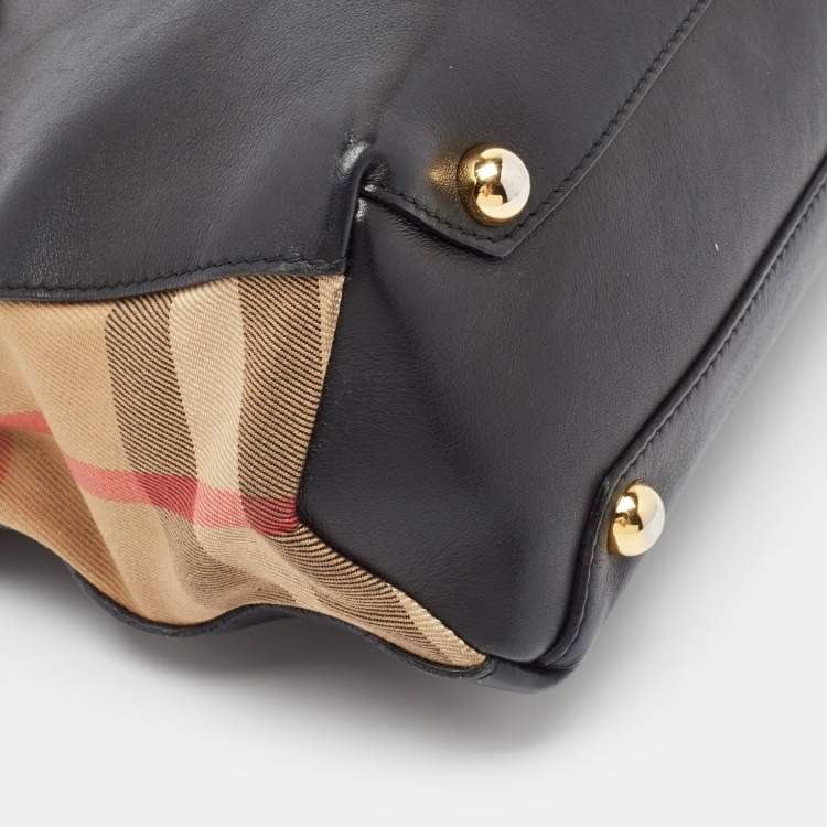 Pre Owned Burberry Black/Beige Leather and House Check Fabric Small Banner Tote