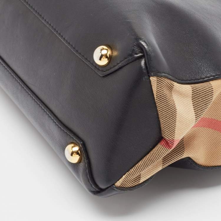 Pre Owned Burberry Black/Beige Leather and House Check Fabric Small Banner Tote