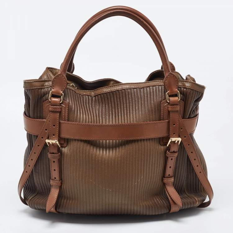Pre Owned Burberry Two Tone Brown Leather Stitched Bridle Tote