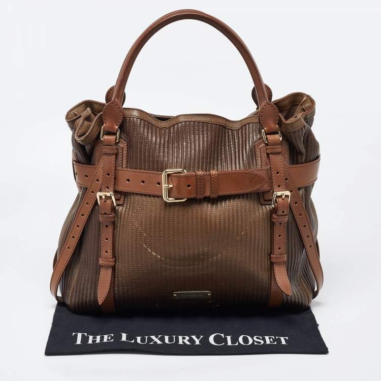 Pre Owned Burberry Two Tone Brown Leather Stitched Bridle Tote