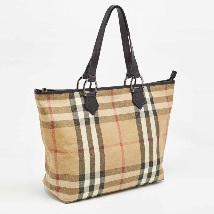 Pre Owned Burberry Beige/Black House Check Shimmer Fabric and Leather Nickie Tote