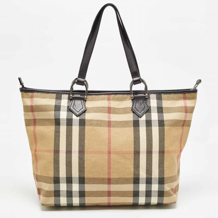 Pre Owned Burberry Beige/Black House Check Shimmer Fabric and Leather Nickie Tote