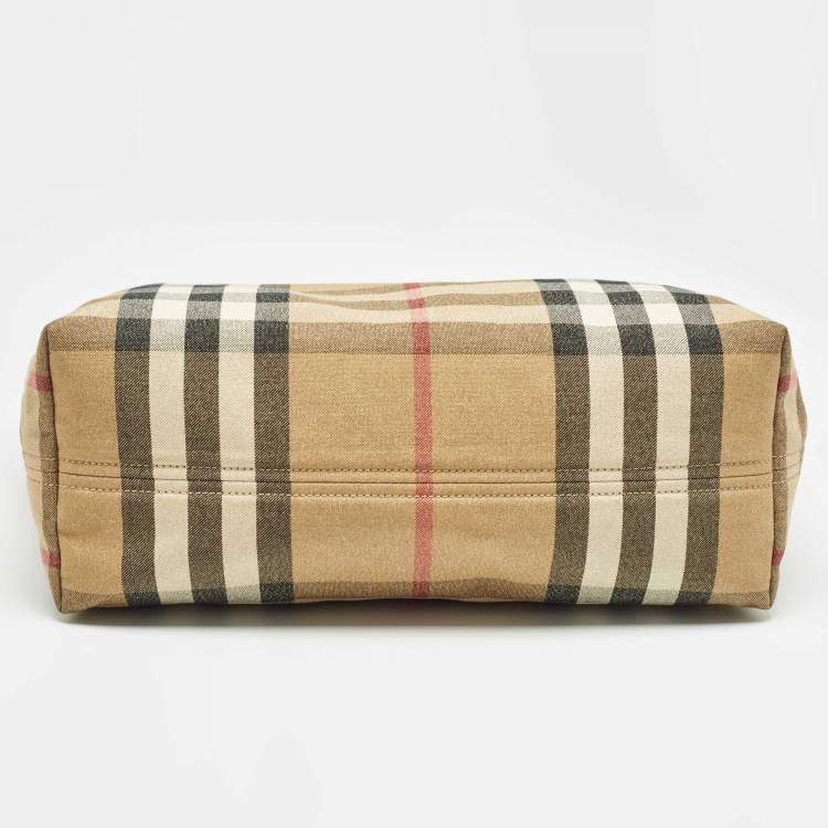 Pre Owned Burberry Beige/Black House Check Shimmer Fabric and Leather Nickie Tote