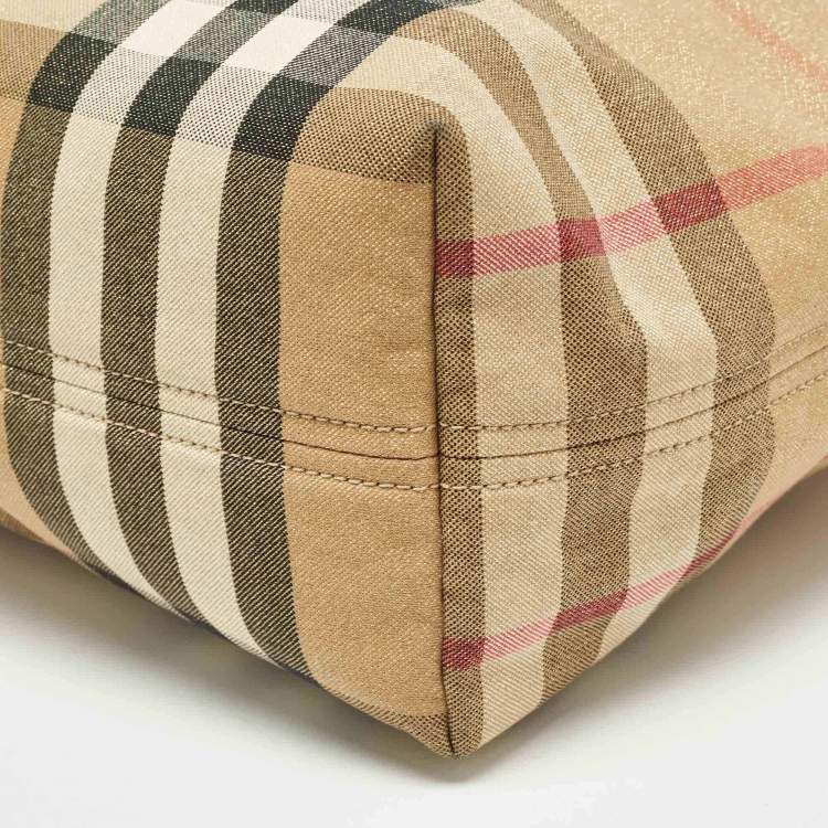 Pre Owned Burberry Beige/Black House Check Shimmer Fabric and Leather Nickie Tote