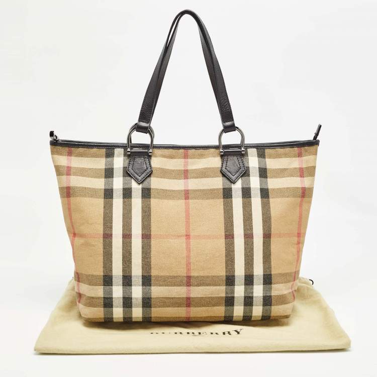 Pre Owned Burberry Beige/Black House Check Shimmer Fabric and Leather Nickie Tote