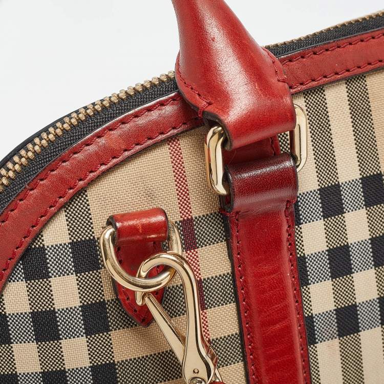 Pre Owned Burberry Beige/Red Haymarket Check Nylon and Leather Small Orchard Bag